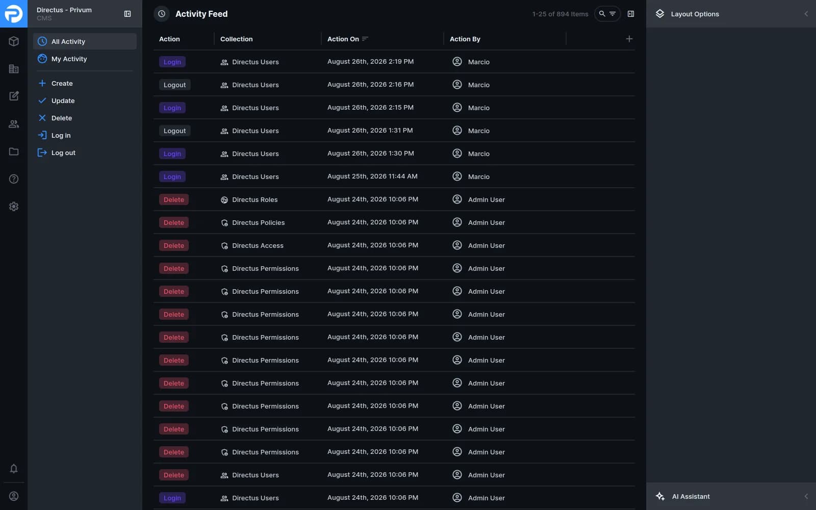 Registro de actividad de Privum CMS — cada creación, actualización, borrado e inicio de sesión registrado con la cuenta que lo hizo